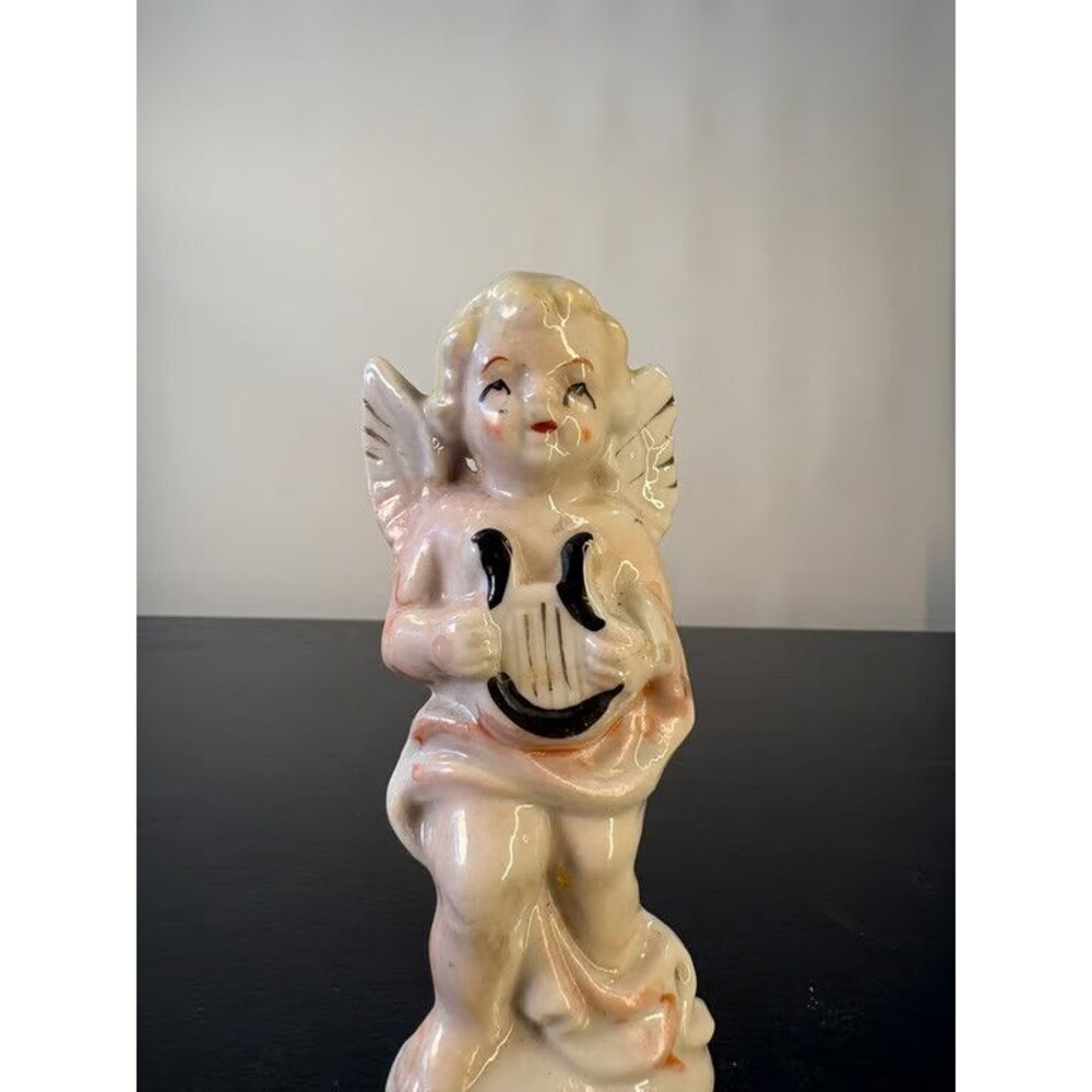 Vintage Cherub Angel Lyre Figurine Hand Painted Ceramic 4.25 in Japan Style